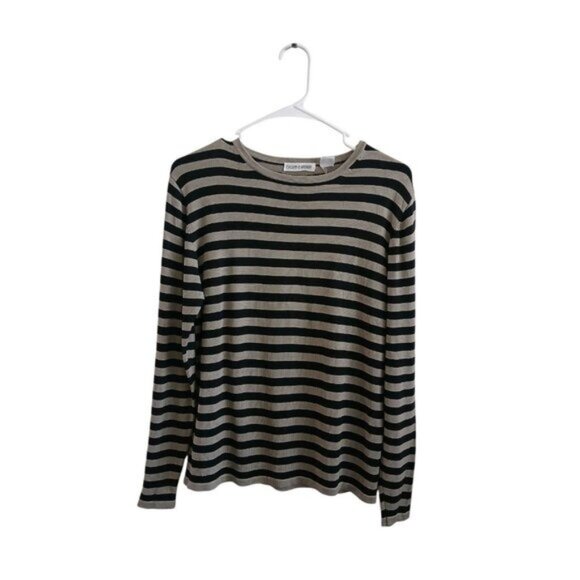 Evelyn & Arthur Silk Striped Top Grey Black Preppy Classic Quiet Luxury Medium - Picture 1 of 6